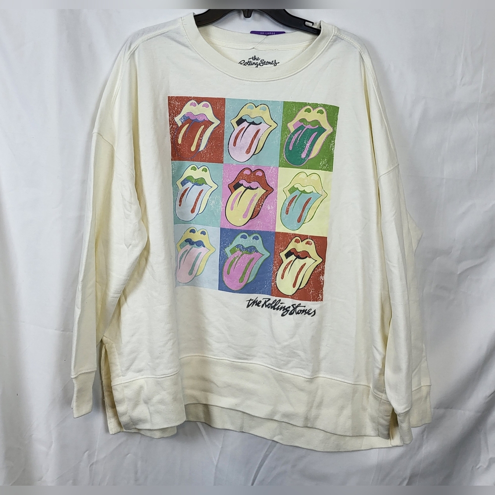 NWT‎ Rolling Stones Womens Beige Pop Art Long Sleeve Crew Fleece Sweater Sz XXL
